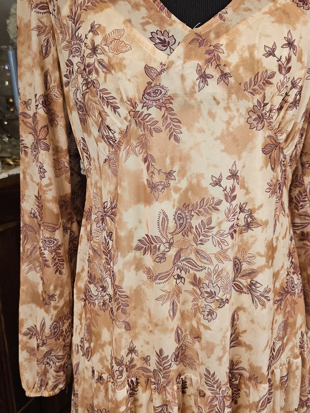 Lucky Brand Boho Mesh Floral Tiered Maxi Dress Medium Brown Long Sleeve - Picture 2 of 7
